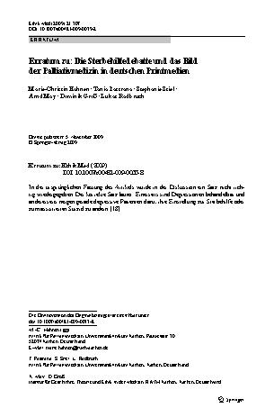 Vorschauseite 1: Erratum zu: Die Sterbehilfedebatte und das Bild der Palliativmedizin in deutschen Printmedien