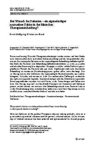 Vorschauseite 1: Der Wunsch des Patienten – ein eigenständiger normativer Faktor in der klinischen Therapieentscheidung?