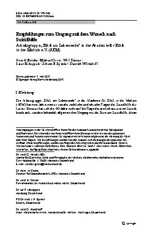 Vorschauseite 1: Empfehlungen zum Umgang mit dem Wunsch nach SuizidhilfeArbeitsgruppe „Ethik am Lebensende“ in der Akademie für Ethik in der Medizin e. V. (AEM)