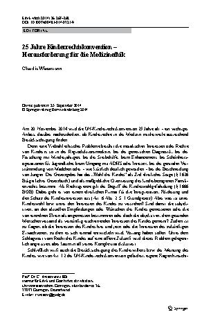 Vorschauseite 1: 25 Jahre Kinderrechtskonvention – Herausforderung für die Medizinethik