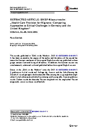 Vorschauseite 1: RETRACTED ​ARTICLE: ​BMBF-Klausurwoche: „Health Care Provision for Migrants: Comparing Approaches to Ethical Challenges in Germany and the United Kingdom“