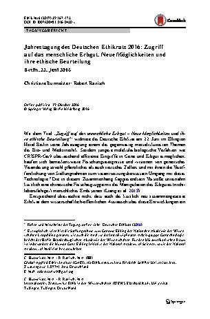 Vorschauseite 1: Jahrestagung des Deutschen Ethikrats 2016: Zugriff auf das menschliche Erbgut. Neue Möglichkeiten und ihre ethische Beurteilung