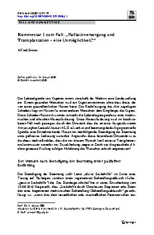 Vorschauseite 1: Kommentar I zum Fall: „Palliativversorgung und Transplantation – eine Unmöglichkeit?“