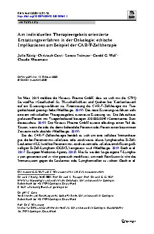 Vorschauseite 1: Am individuellen Therapieergebnis orientierte Erstattungsverfahren in der Onkologie: ethische Implikationen am Beispiel der CAR-T-Zelltherapie
