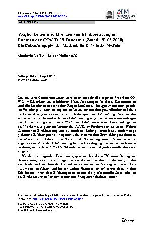Vorschauseite 1: Möglichkeiten und Grenzen von Ethikberatung im Rahmen der COVID-19-Pandemie (Stand: 31.03.2020)