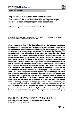 Vorschauseite 1: Reproduktive Autonomie oder verantwortliche Elternschaft? Kontrastierende ethische Begründungen des genetischen Anlageträger*innen-Screenings