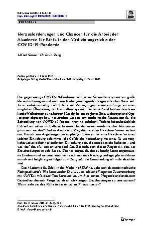 Vorschauseite 1: Herausforderungen und Chancen für die Arbeit der Akademie für Ethik in der Medizin angesichts der COVID-19-Pandemie