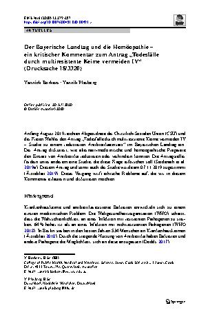 Vorschauseite 1: Der Bayerische Landtag und die Homöopathie – ein kritischer Kommentar zum Antrag „Todesfälle durch multiresistente Keime vermeiden IV“ (Drucksache 18/3320)
