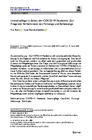 Vorschauseite 1: Intensivpflege in Zeiten der COVID-19 Pandemie: Zur Frage des Verhältnisses von Fürsorge und Selbstsorge