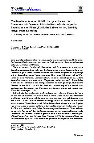 Vorschauseite 1: Martina Schmidhuber (2020) Ein gutes Leben für Menschen mit Demenz: Ethische Herausforderungen in Betreuung und Pflege (Ethik der Lebenswelten, Band 6; Hrsg. : Peter Kampits)