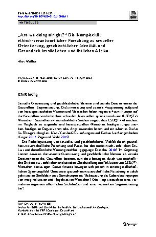 Vorschauseite 1: „Are we doing alright?“ Die Komplexität ethisch-verantwortlicher Forschung zu sexueller Orientierung, geschlechtlicher Identität und Gesundheit im südlichen und östlichen Afrika