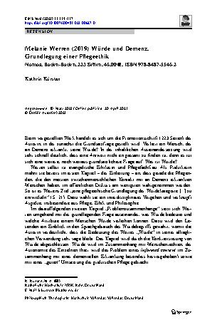 Vorschauseite 1: Melanie Werren (2019) Würde und Demenz. Grundlegung einer Pflegeethik