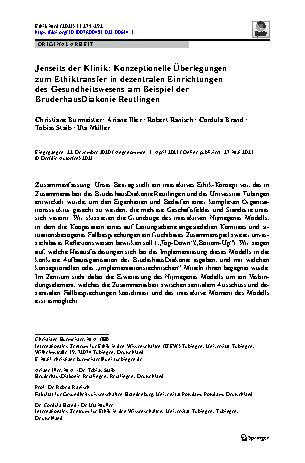Vorschauseite 1: Jenseits der Klinik: Konzeptionelle Überlegungen zum Ethiktransfer in dezentralen Einrichtungen des Gesundheitswesens am Beispiel der BruderhausDiakonie Reutlingen