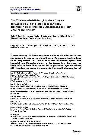 Vorschauseite 1: Das Tübinger Modell der „Ethikbeauftragten der Station“: Ein Pilotprojekt zum Aufbau dezentraler Strukturen der Ethikberatung an einem Universitätsklinikum
