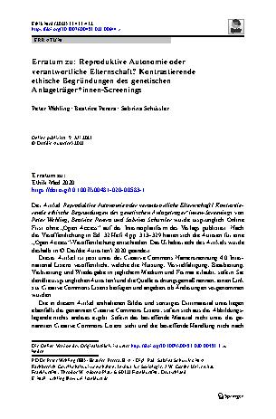 Vorschauseite 1: Erratum zu: Reproduktive Autonomie oder verantwortliche Elternschaft? Kontrastierende ethische Begründungen des genetischen Anlageträger*innen-Screenings