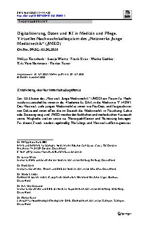 Vorschauseite 1: Digitalisierung, Daten und KI in Medizin und Pflege. Virtuelles Nachwuchskolloquium des „Netzwerks Junge Medizinethik“ (JMED)