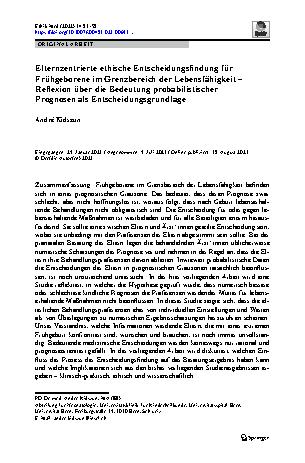 Vorschauseite 1: Elternzentrierte ethische Entscheidungsfindung für Frühgeborene im Grenzbereich der Lebensfähigkeit – Reflexion über die Bedeutung probabilistischer Prognosen als Entscheidungsgru…