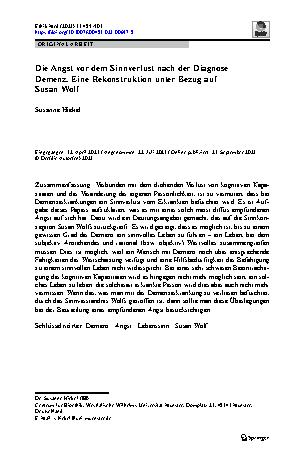 Vorschauseite 1: Die Angst vor dem Sinnverlust nach der Diagnose Demenz. Eine Rekonstruktion unter Bezug auf Susan Wolf
