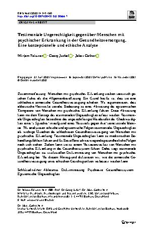 Vorschauseite 1: Testimoniale Ungerechtigkeit gegenüber Menschen mit psychischer Erkrankung in der Gesundheitsversorgung. Eine konzeptionelle und ethische Analyse