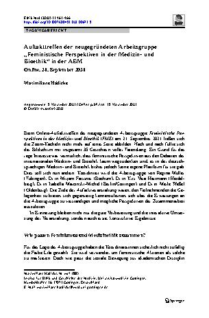 Vorschauseite 1: Auftakttreffen der neugegründeten Arbeitsgruppe „Feministische Perspektiven in der Medizinund Bioethik“ in der AEM