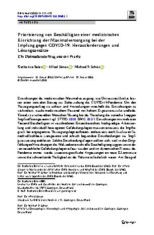 Vorschauseite 1: Priorisierung von Beschäftigten einer medizinischen Einrichtung der Maximalversorgung bei der Impfung gegen COVID-19: Herausforderungen und Lösungsansätze
