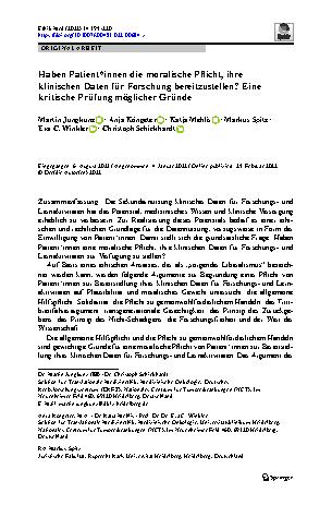 Vorschauseite 1: Haben Patient*innen die moralische Pflicht, ihre klinischen Daten für Forschung bereitzustellen? Eine kritische Prüfung möglicher Gründe