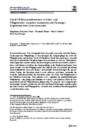 Vorschauseite 1: Covid-19 Schutzmaßnahmen in Altenund Pflegeheimen: zwischen Autonomie und Fürsorge – Ergebnisse einer Interviewstudie