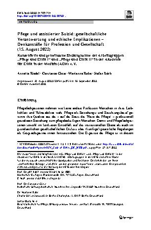 Vorschauseite 1: Pflege und assistierter Suizid: gesellschaftliche Verantwortung und ethische Implikationen – Denkanstöße für Profession und Gesellschaft (15. August 2022)