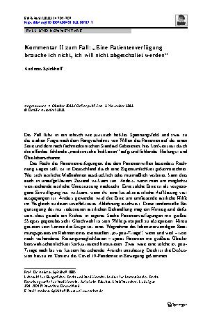 Vorschauseite 1: Kommentar II zum Fall: „Eine Patientenverfügung brauche ich nicht, ich will nicht abgeschaltet werden“