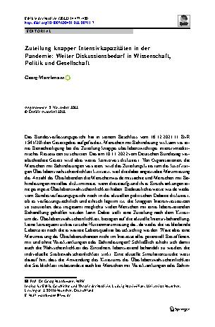 Vorschauseite 1: Zuteilung knapper Intensivkapazitäten in der Pandemie: Weiter Diskussionsbedarf in Wissenschaft, Politik und Gesellschaft