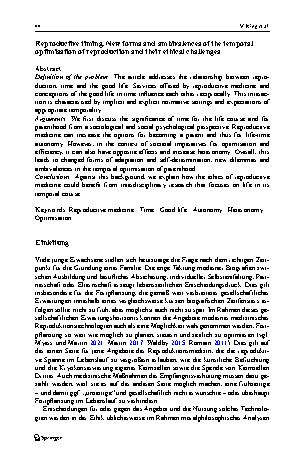 Vorschauseite 2: Reproduktives Timing. Neue Formen und Ambivalenzen zeitlicher Optimierung von Fortpflanzung und ihre ethischen Herausforderungen