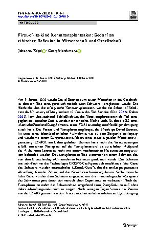 Vorschauseite 1: First-of-its-kind Xenotransplantation: Bedarf an ethischer Reflexion in Wissenschaft und Gesellschaft