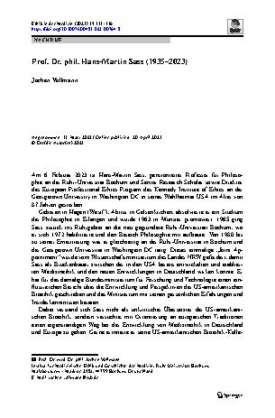 Vorschauseite 1: Prof. Dr. phil. Hans-Martin Sass (1935–2023)
