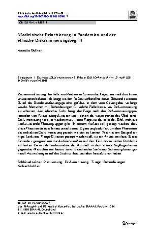 Vorschauseite 1: Medizinische Priorisierung in Pandemien und der ethische Diskriminierungsbegriff