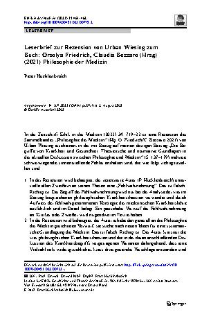Vorschauseite 1: Leserbrief zur Rezension von Urban Wiesing zum Buch: Orsolya Friedrich, Claudia Bozzaro (Hrsg) (2021) Philosophie der Medizin