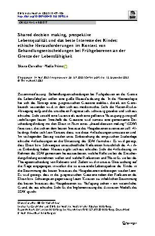 Vorschauseite 1: Shared decision making, prospektive Lebensqualität und das beste Interesse des Kindes: ethische Herausforderungen im Kontext von Behandlungsentscheidungen bei Frühgeborenen an der…