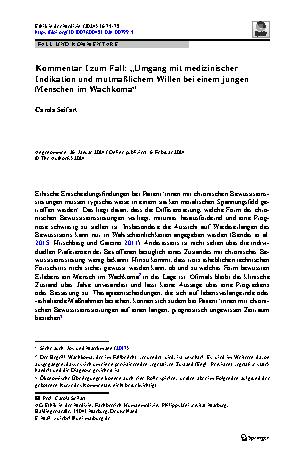 Vorschauseite 1: Kommentar I zum Fall: „Umgang mit medizinischer Indikation und mutmaßlichem Willen bei einem jungen Menschen im Wachkoma“