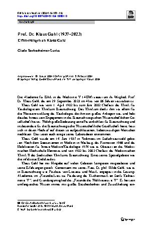 Vorschauseite 1: Prof. Dr. Klaus Gahl (1937–2023)