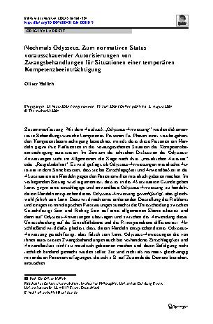 Vorschauseite 1: Nochmals Odysseus. Zum normativen Status vorausschauender Autorisierungen von Zwangsbehandlungen für Situationen einer temporären Kompetenzbeeinträchtigung