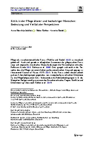 Vorschauseite 1: Ethik in der Pflege älterer und hochaltriger Menschen: Bedeutung und Vielfalt der Perspektiven