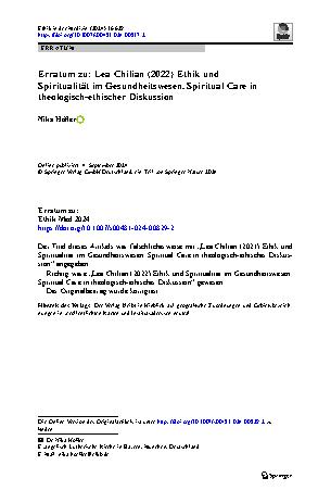 Vorschauseite 1: Erratum zu: Lea Chilian (2022) Ethik und Spiritualität im Gesundheitswesen. Spiritual Care in theologisch-ethischer Diskussion