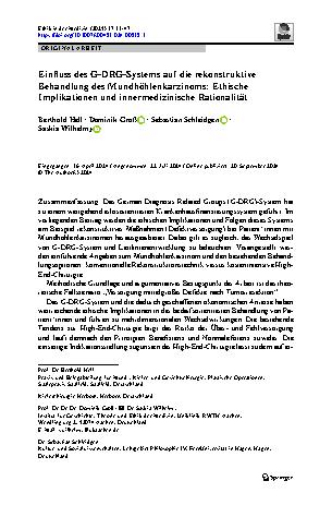 Vorschauseite 1: Einfluss des G-DRG-Systems auf die rekonstruktive Behandlung des Mundhöhlenkarzinoms: Ethische Implikationen und innermedizinische Rationalität
