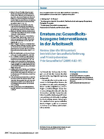 Vorschauseite 1: Erratum zu: Gesundheitsbezogene Interventionen in der Arbeitswelt