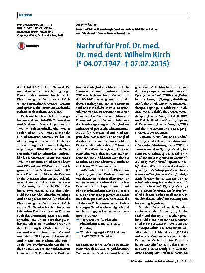 Vorschauseite 1: Nachruf für Prof. Dr. med. Dr. med. dent. Wilhelm Kirch (* 04.07.1947–✝ 07.07.2015)
