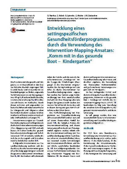 Vorschauseite 1: Entwicklung eines settingspezifischen Gesundheitsförderprogramms durch die Verwendung des Intervention-Mapping-Ansatzes: „Komm mit in das gesunde Boot – Kindergarten“