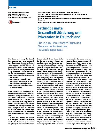 Vorschauseite 1: Settingbasierte Gesundheitsförderung und Prävention in Deutschland