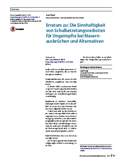 Vorschauseite 1: Erratum zu: Die Sinnhaftigkeit von Schulbetretungsverboten für Ungeimpfte bei Masernausbrüchen und Alternativen