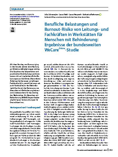 Vorschauseite 1: Berufliche Belastungen und Burnout-Risiko von Leitungsund Fachkräften in Werkstätten für Menschen mit Behinderung: Ergebnisse der bundesweiten WeCareOnline-Studie