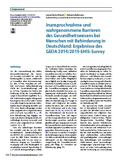 Vorschauseite 1: Inanspruchnahme und wahrgenommene Barrieren des Gesundheitswesens bei Menschen mit Behinderung in Deutschland: Ergebnisse des GEDA 2014/2015-EHIS-Survey