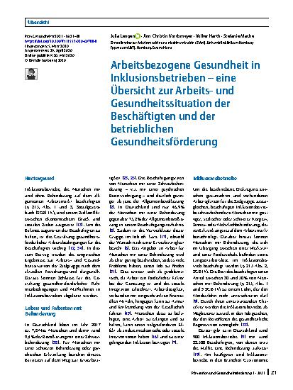 Vorschauseite 1: Arbeitsbezogene Gesundheit in Inklusionsbetrieben – eine Übersicht zur Arbeitsund Gesundheitssituation der Beschäftigten und der betrieblichen Gesundheitsförderung